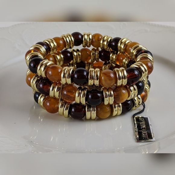 Vintage Lucite 3 Strand Orange Gold Stretch Bracelet NWT - Picture 3 of 7